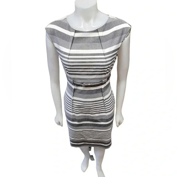 Calvin Klein Grey & White  Striped Belted Empire Waist
Sleeveless Sheath Dress 2 - Picture 2 of 10
